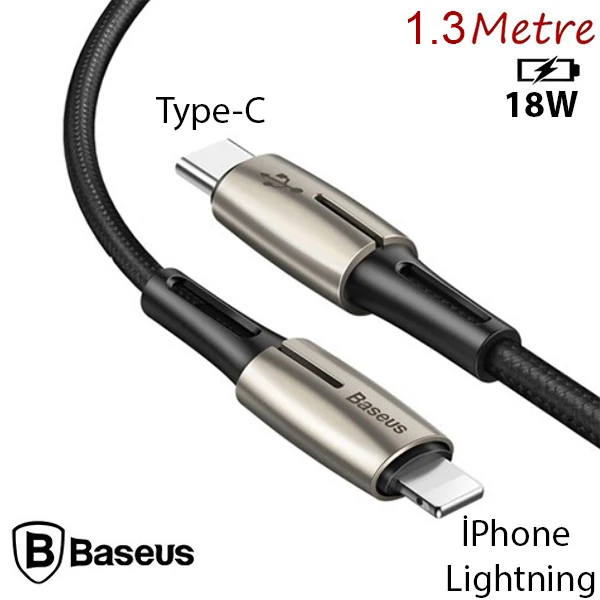 Baseus Waterdrop Type-C To İPhone PD18W Hızlı Şarj Kablosu 1.3M - Siyah-Gri