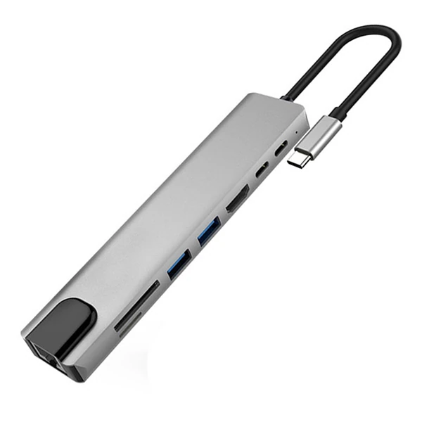 Ally 8 Port Usb 8in1 3.0 Type-C Hdmi 3XUSB+2 PD) RJ45 Hub Adaptör Çoklayıcı TF SD Kart - Gri