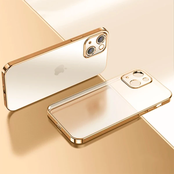 iPhone 13 6.1inç Renkli Kenar Şeffaf Kılıf Kamera Korumalı Silikon Kılıf - Gold