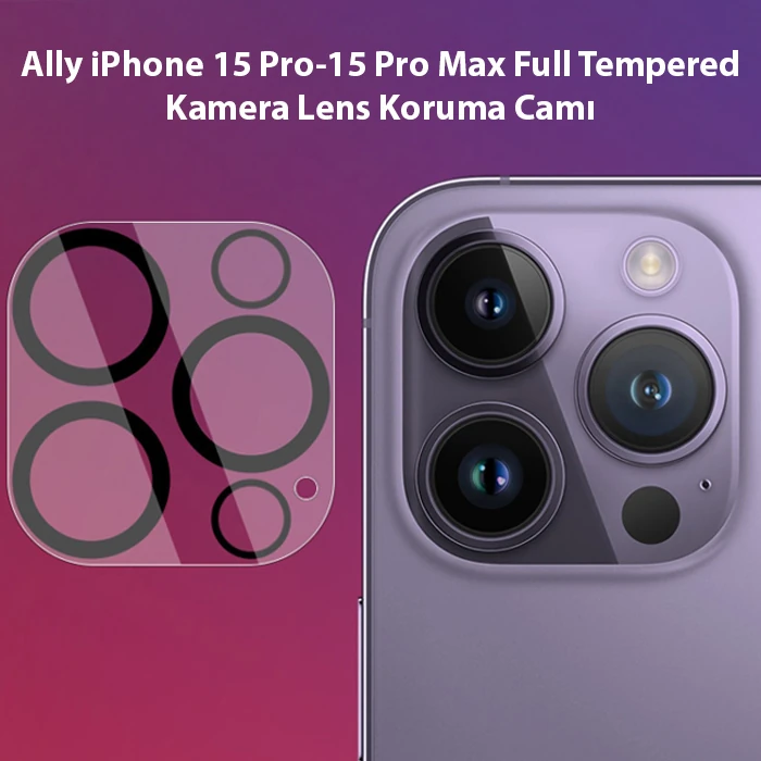 Ally iPhone 15 Pro-15 Pro Max Full Tempered Kamera Lens Koruma Camı - Siyah