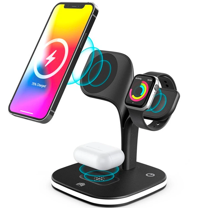 Ally 5in1 iPhone 15-14-13-12 Apple Watch Tutucu Kablosuz Şarj İstasyonu Hızlı Şarj Standı LED Işıklı - Beyaz
