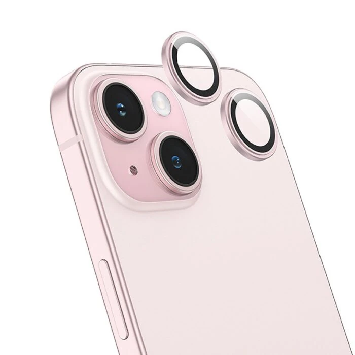 Hoco Crystal Clear iPhone 15-15 Plus HD 3D Metal Çerçeveli Kamera Koruyucu Lens - Pembe