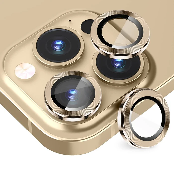 Ally iPhone 14 Pro-14 Pro Max 3D Metal Çerçeveli Kamera Lens Koruyucu - Gold