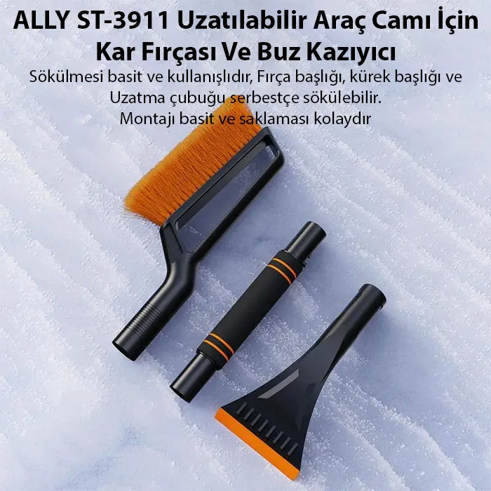Ally ST-3911 Uzatılabilir Araç Camı İçin Kar Fırçası Ve Buz Kazıyıcı - Siyah