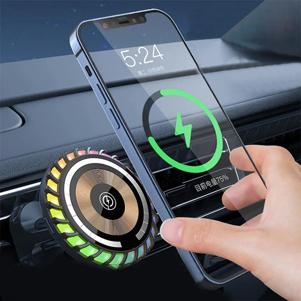 Ally W06 MagSafe RGB 15W Kablosuz Hızlı Şarj Cihazı ve Araç İçi Telefon Tutucu - Siyah