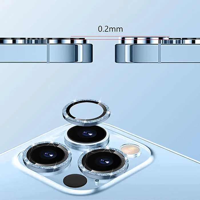Ally iPhone 14-14 Plus Diamond Taş İşlemeli Alüminyum Alaşımlı Kamera Lens Koruyucu - Açık Mavi