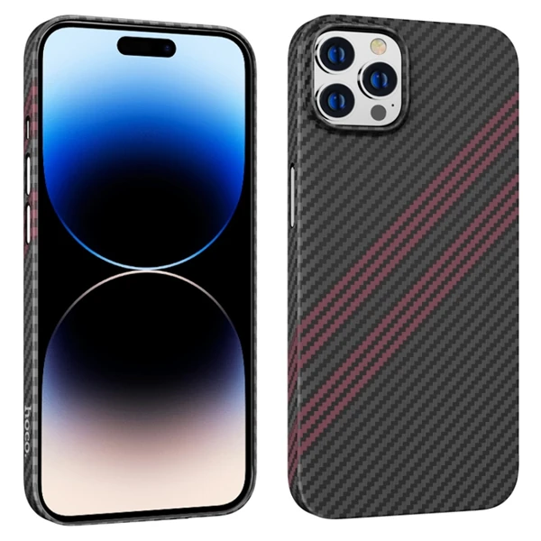 Hoco iPhone 14 Pro 6.1 Kılıf Kevlar Texture Darbe Emici Telefon Kılıfı - Siyah-Kırmızı