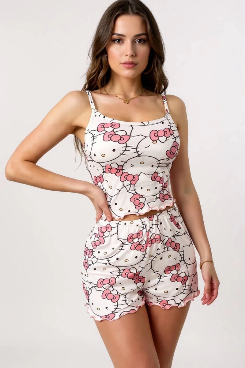 Hello Kitty Baskılı Askılı Şortlu Pijama Takımı - Pembe-M