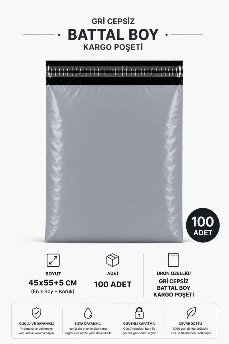 Gri Cepsiz Battal Boy Kargo Poşeti 45x55+5 Cm 100 Adet