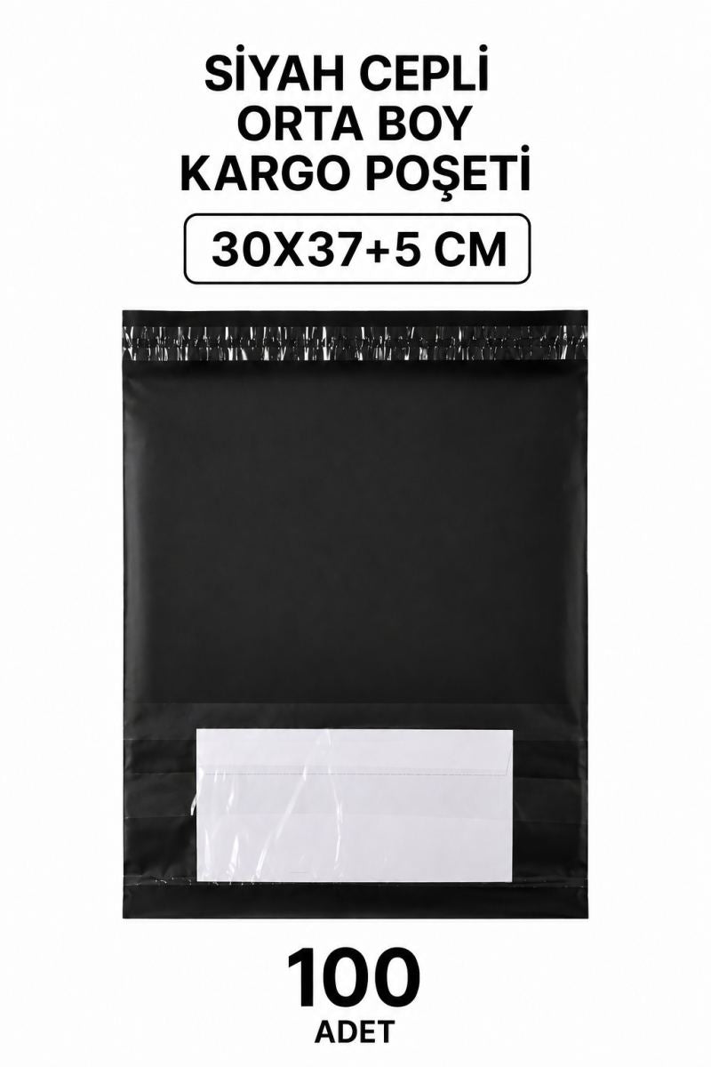 Siyah Cepli Orta Boy Kargo Poşeti 30x37+5 Cm 100 Adet