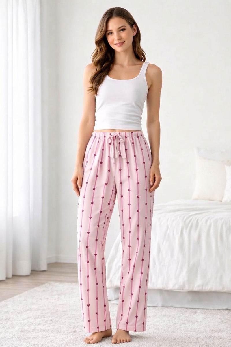 Viskon Pamuklu Kadın Açık Pembe Desenli Pijama Pantolon - MG007 - Mudanis
