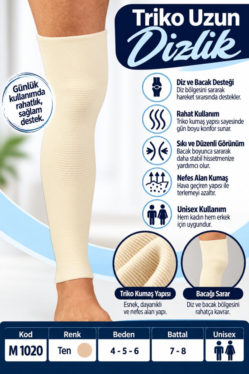 Triko Uzun Dizlik – Unisex Uzun Diz ve Bacak Destekliği – M 1020 - Rylks