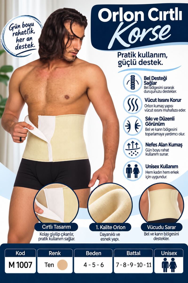 Orlon Cırtlı Korse – Unisex Bel ve Karın Destek Korsesi – M 1007 - Rylks