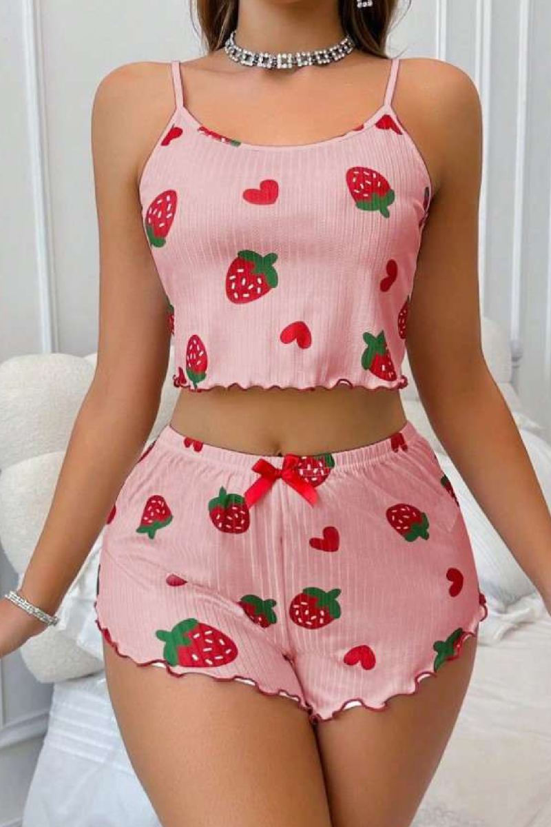 Çilek Desenli Crop Askılı Şort Yazlık Pijama Takımı Ryl - S-49 - S-M