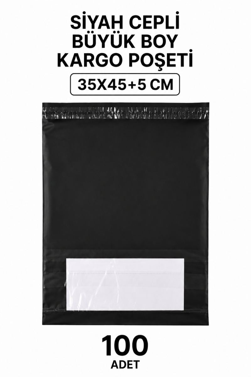 Siyah Cepli Büyük Boy Kargo Poşeti 35x45+5 Cm 100 Adet