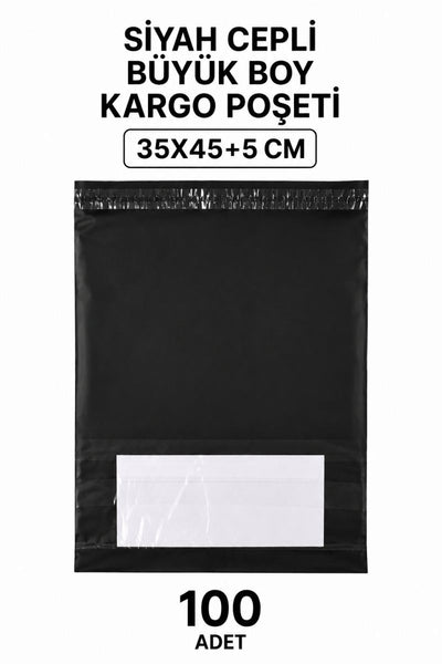 Siyah Cepli Büyük Boy Kargo Poşeti 35x45+5 Cm 100 Adet