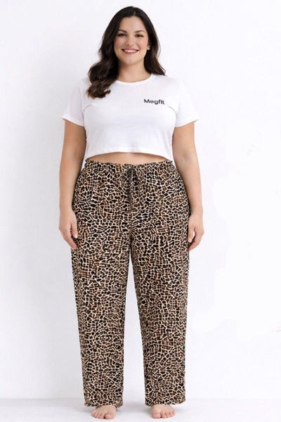 Viskon Pamuklu Kadın Büyük Beden Leopar Desenli Pijama Pantolon - MGB005 - Mudanis