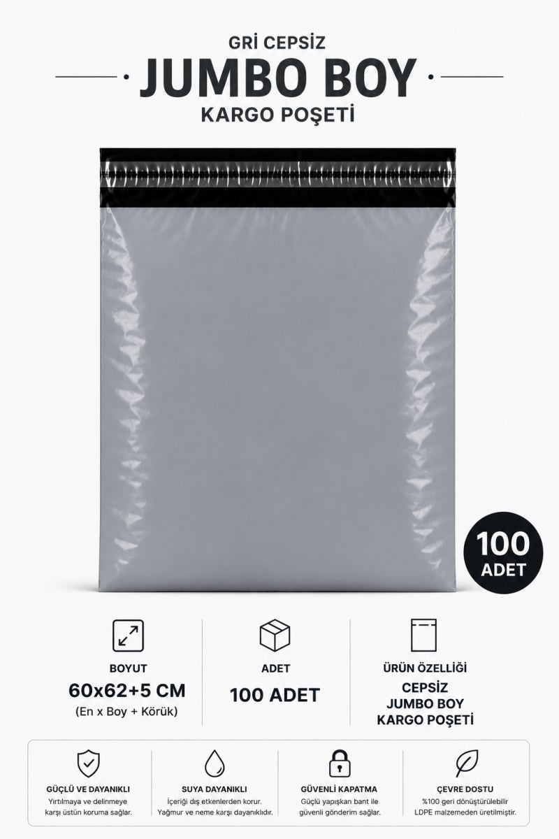 Gri Cepsiz Jumbo Boy Kargo Poşeti 60x62+5 Cm 100 Adet