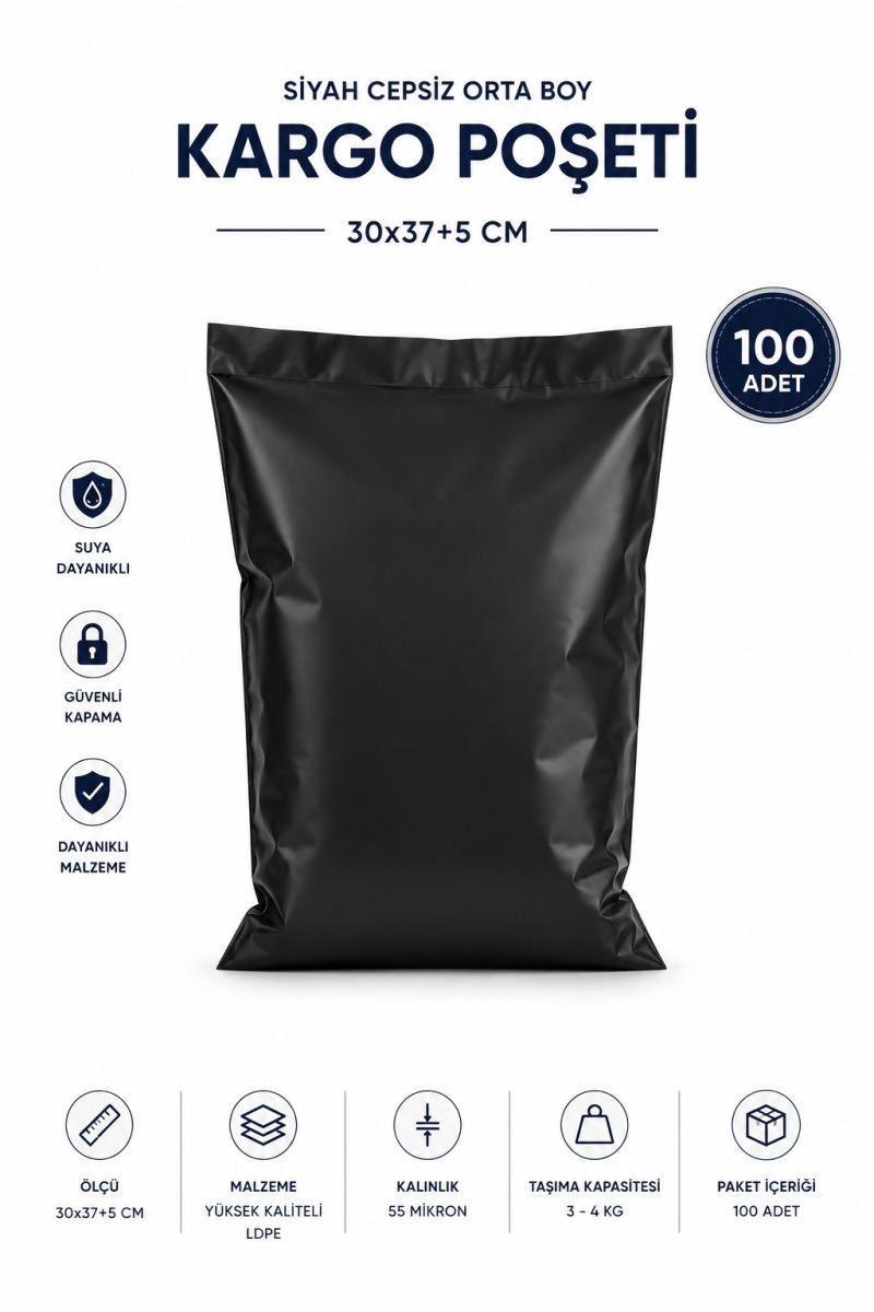 Siyah Cepsiz Orta Boy Kargo Poşeti 30x37+5 Cm 100 Adet