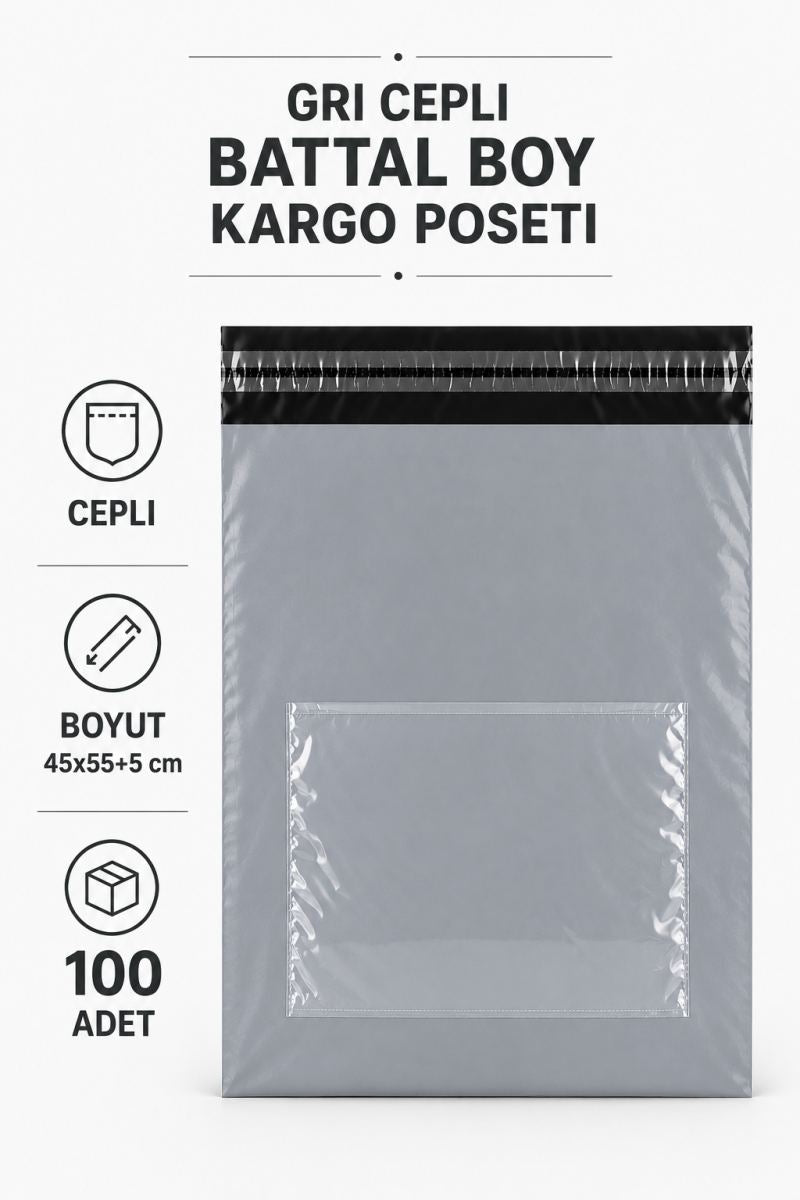 Gri Cepli Battal Boy Kargo Poşeti 45x55+5 Cm 100 Adet