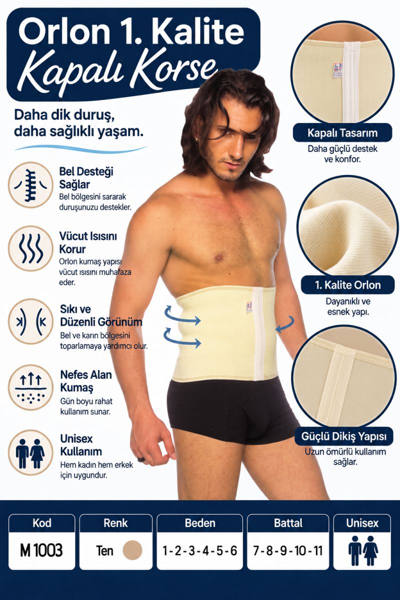 Orlon 1. Kalite Kapalı Korse – Unisex Bel ve Karın Korsesi – M 1003 - Rylks