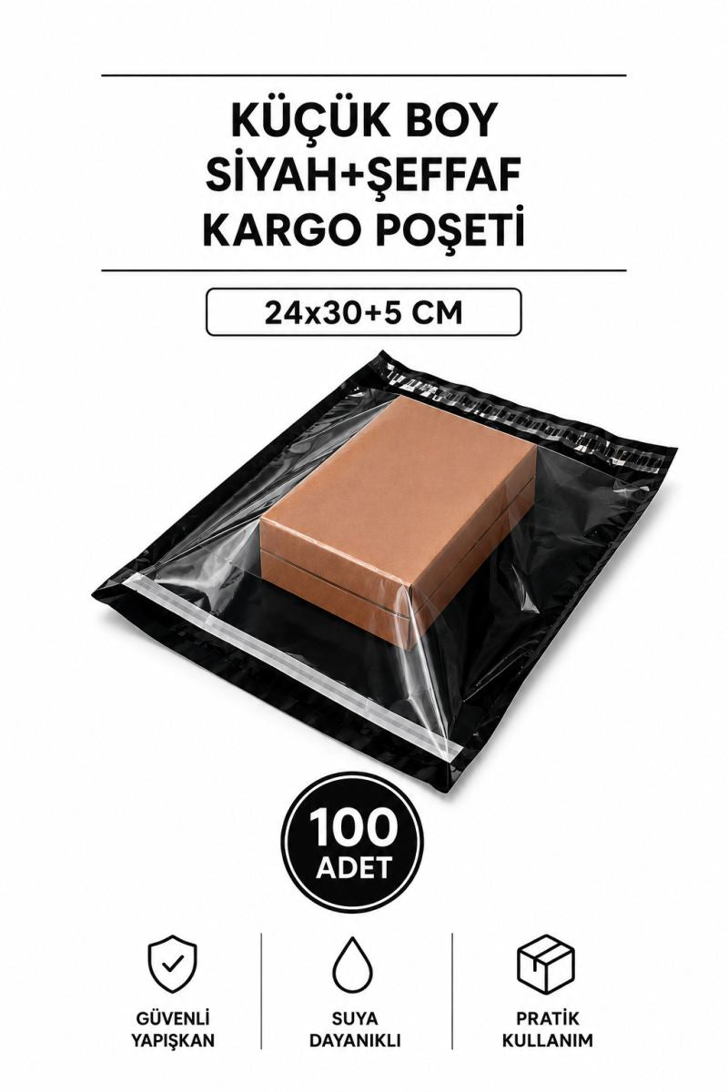 Küçük Boy Siyah Şeffaf Kargo Poşeti 24x30+5 Cm 100 Adet