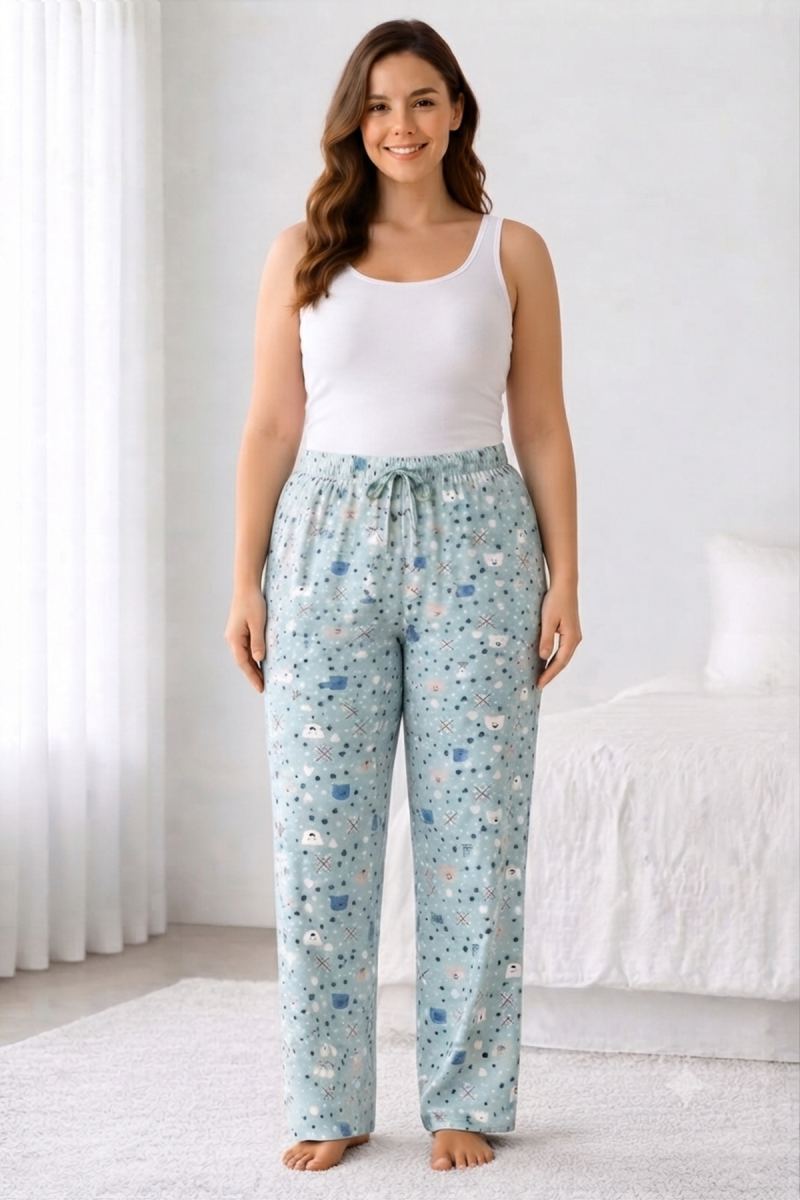 Viskon Pamuklu Kadın Büyük Beden Deniz Mavisi Desenli Pijama Pantolon - MGB012 - Mudanis