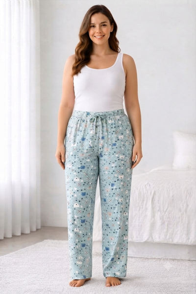Viskon Pamuklu Kadın Büyük Beden Deniz Mavisi Desenli Pijama Pantolon - MGB012 - Mudanis