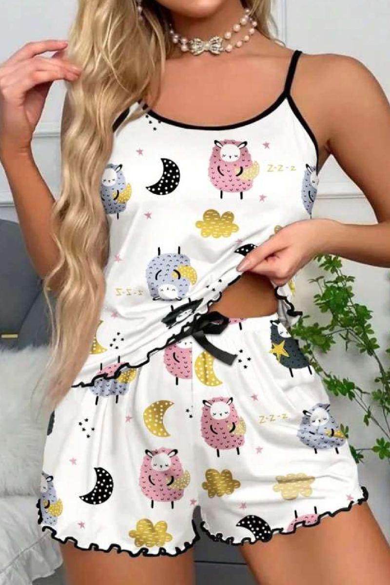 Kuzu Desenli Pembe İp Askılı Yazlık Şort Pijama Takımı Ryl - S-46 - S-M