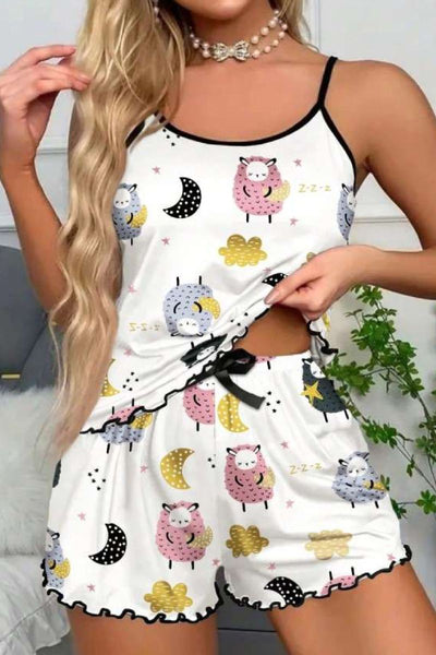 Kuzu Desenli Pembe İp Askılı Yazlık Şort Pijama Takımı Ryl - S-46