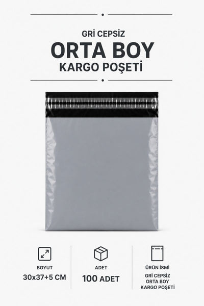 Gri Cepsiz Orta Boy Kargo Poşeti 30x37+5 Cm 100 Adet