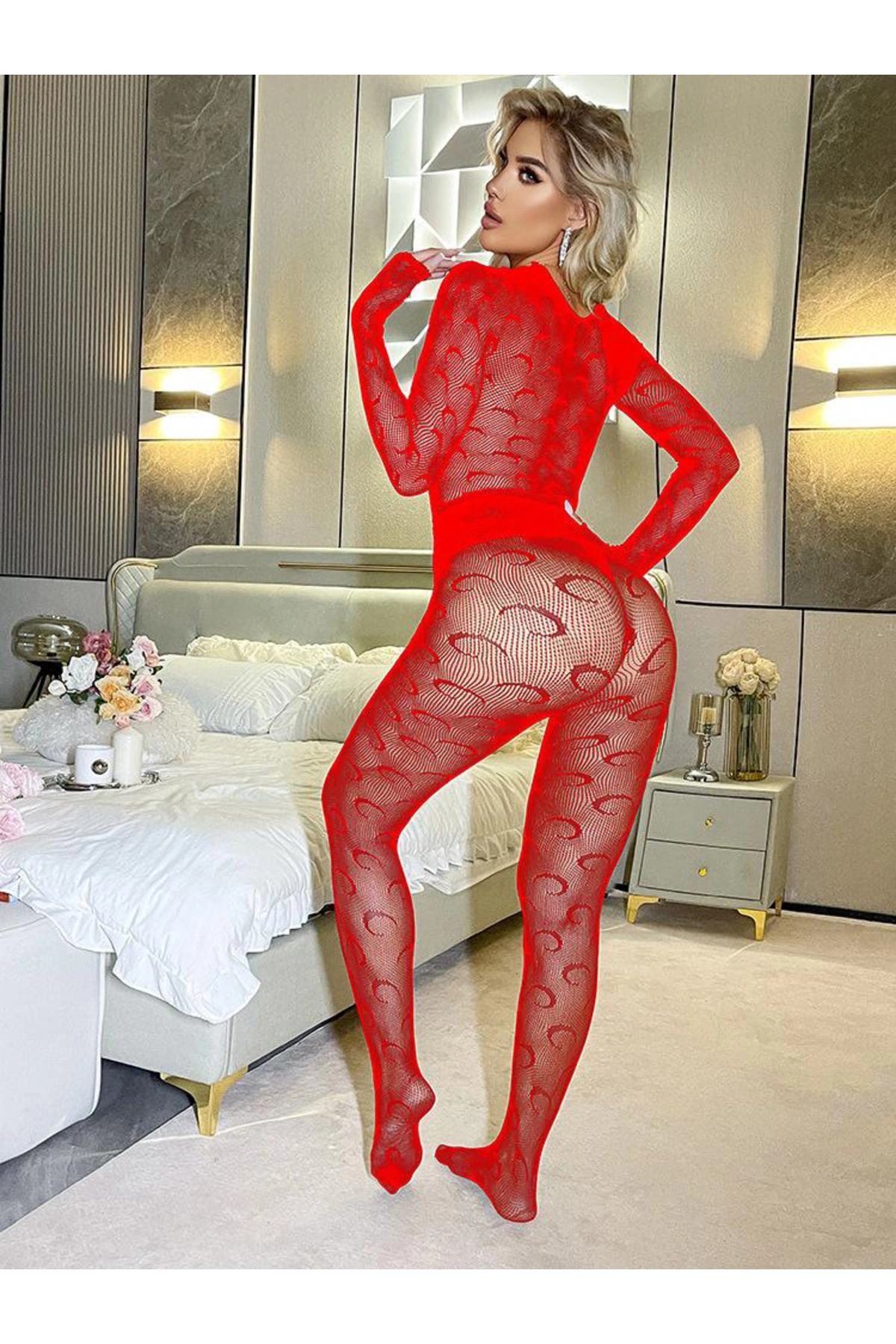 Kadın Seksi Özel Bölgesi Açık Fileli Fantezi Büük Bedenlere Uygun Utlra Esnek Vücut Çorabı.. - Kırmızı-XS