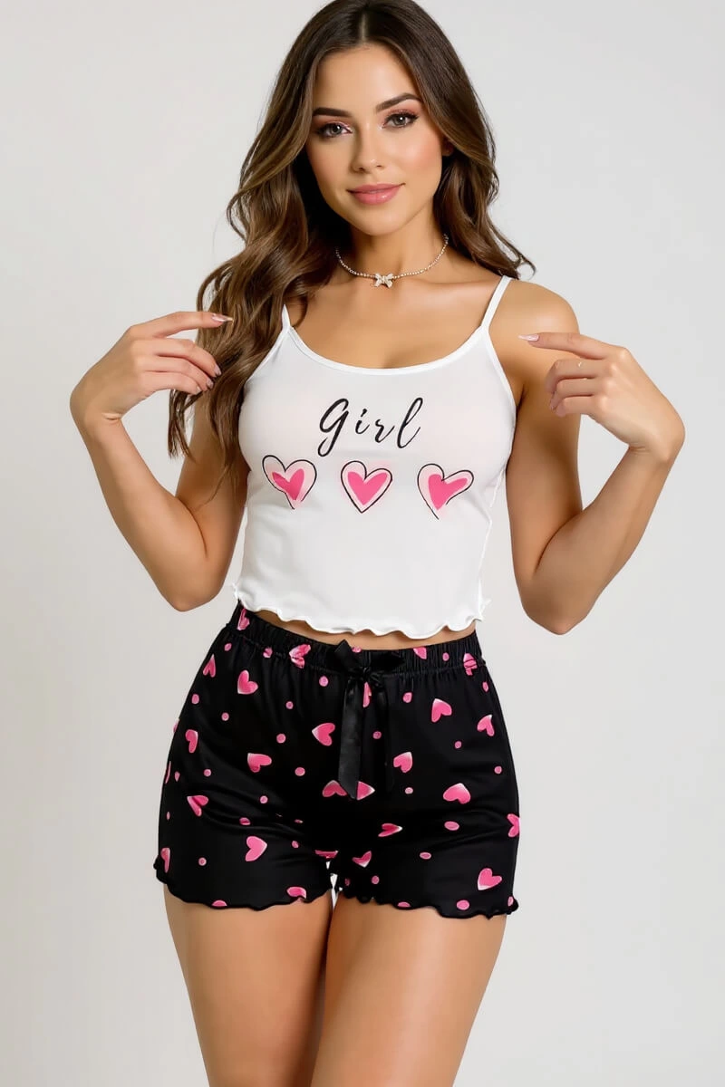 Kalp Desenli Askılı Şortlu Pijama Takımı - Siyah-M