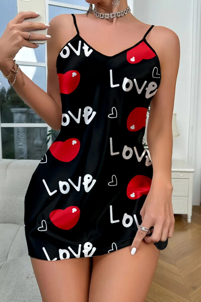 Love Desenli Siyah Saten Gecelik - Siyah-S