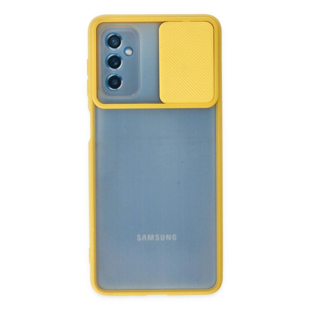 Samsung Galaxy M52 5g Kılıf Palm Buzlu Kamera Sürgülü Silikon - Sarı