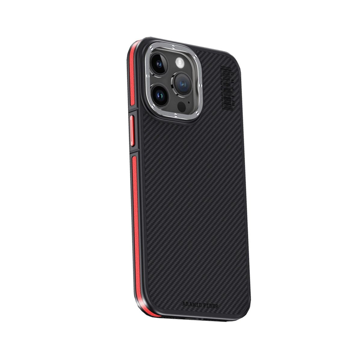Joko Apple İphone 15 Pro Max Kılıf Aramid 600d Kevlar Karbon Fiber Magsafe Kapak - Kırmızı