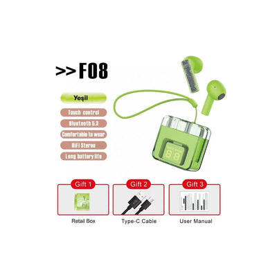F08 Dijital Şarj Göstergeli Tws Bluetooth Kulaklık - Yeşil