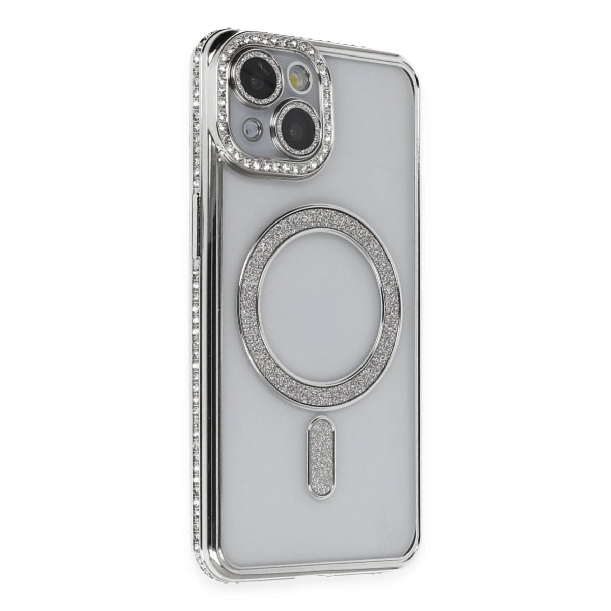 Apple İphone 13 Kılıf Joke Simli Magneticsafe Kılıf - Gümüş