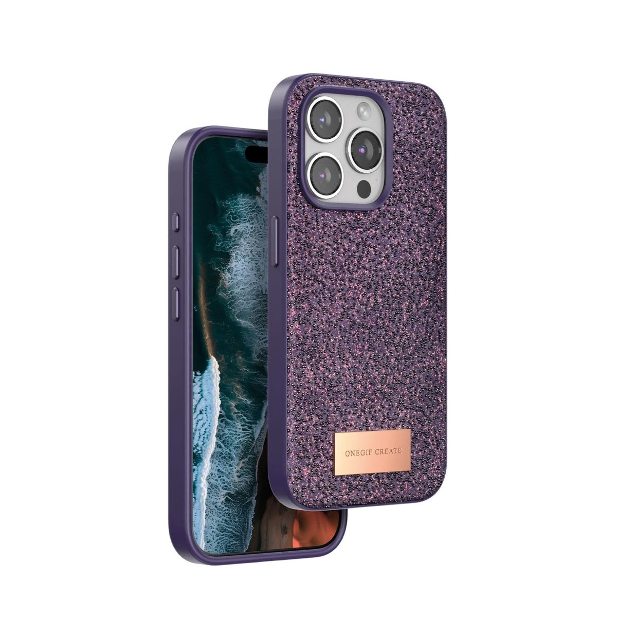 Onegif Apple İphone 15 Pro Bright Simli Kapak - Derin Mor
