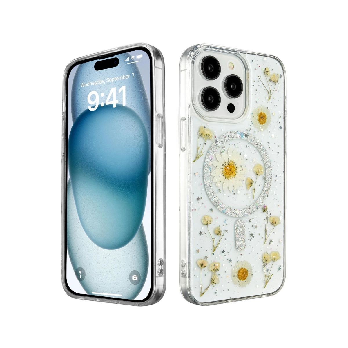 Apple İphone 15 Pro Kılıf Daisy Simli Magsafe Kapak - Gümüş