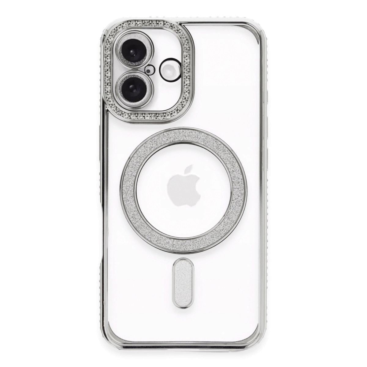 Apple İphone 16 Plus Kılıf Joke Simli Magneticsafe Kılıf - Gümüş