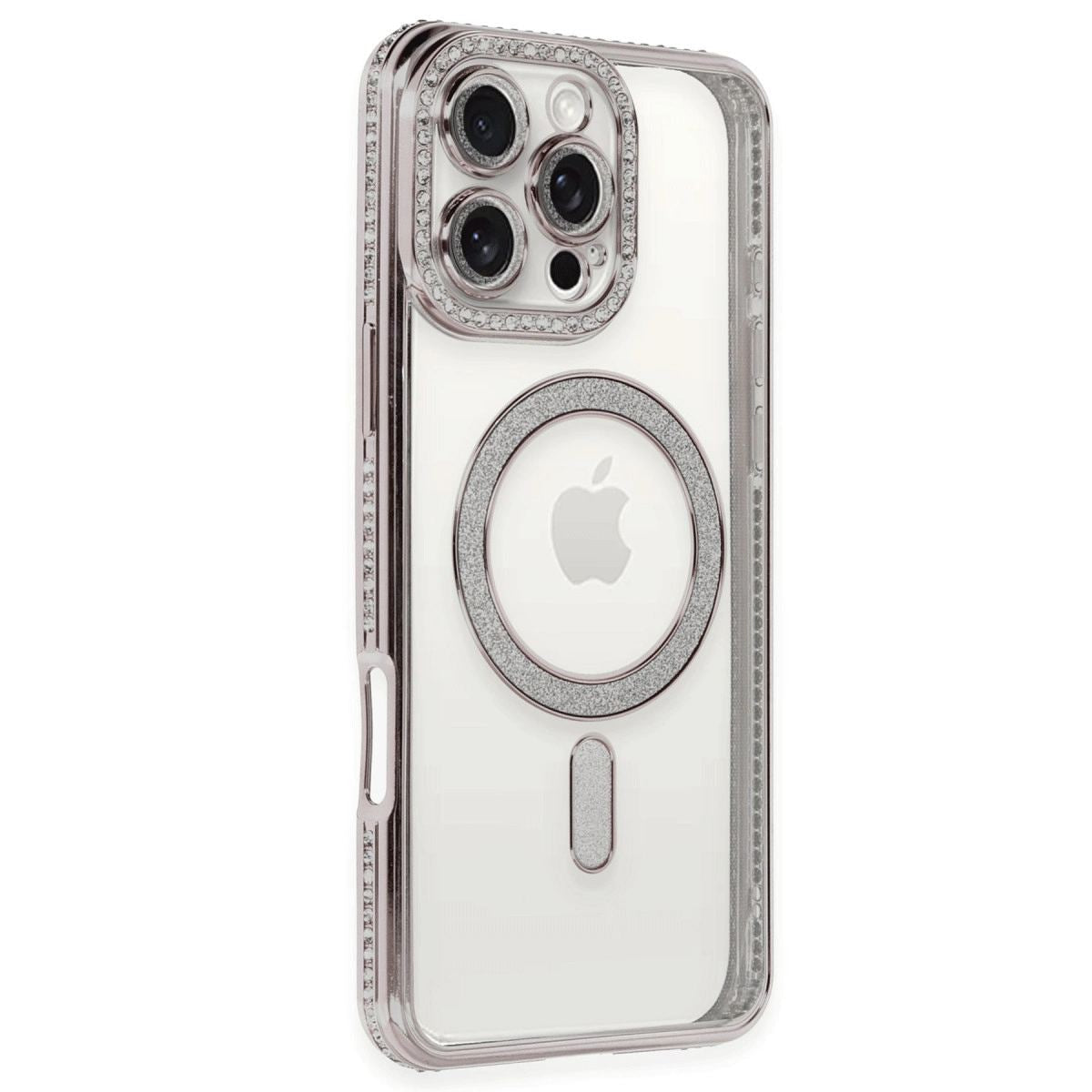 Apple İphone 16 Pro Kılıf Joke Simli Magneticsafe Kılıf - Pembe