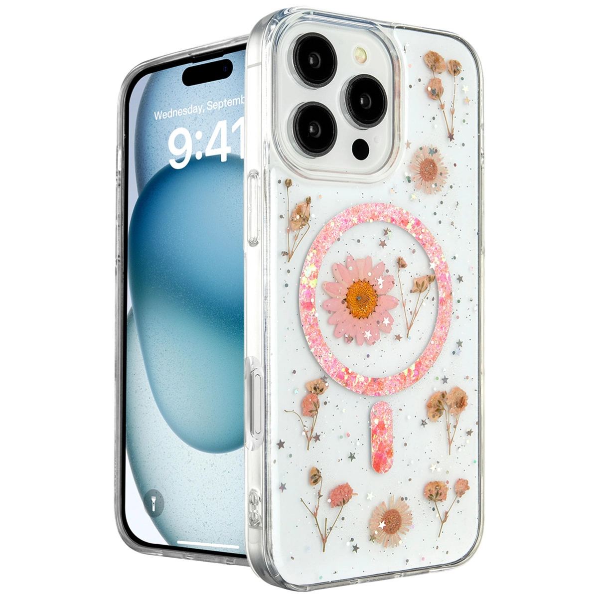 Apple İphone 16 Pro Max Kılıf Daisy Simli Magsafe Kapak - Pembe