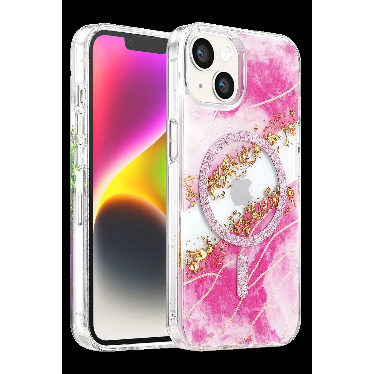 Onegif Apple İphone 14 Lotus Simli Magsafe Kapak - Pembe