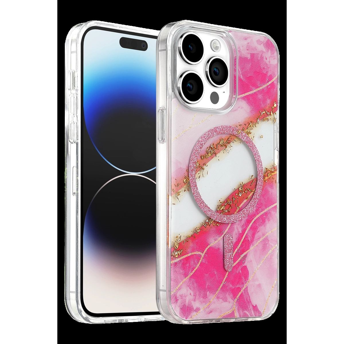Onegif Apple İphone 14 Pro Max Lotus Simli Magsafe Kapak - Pembe