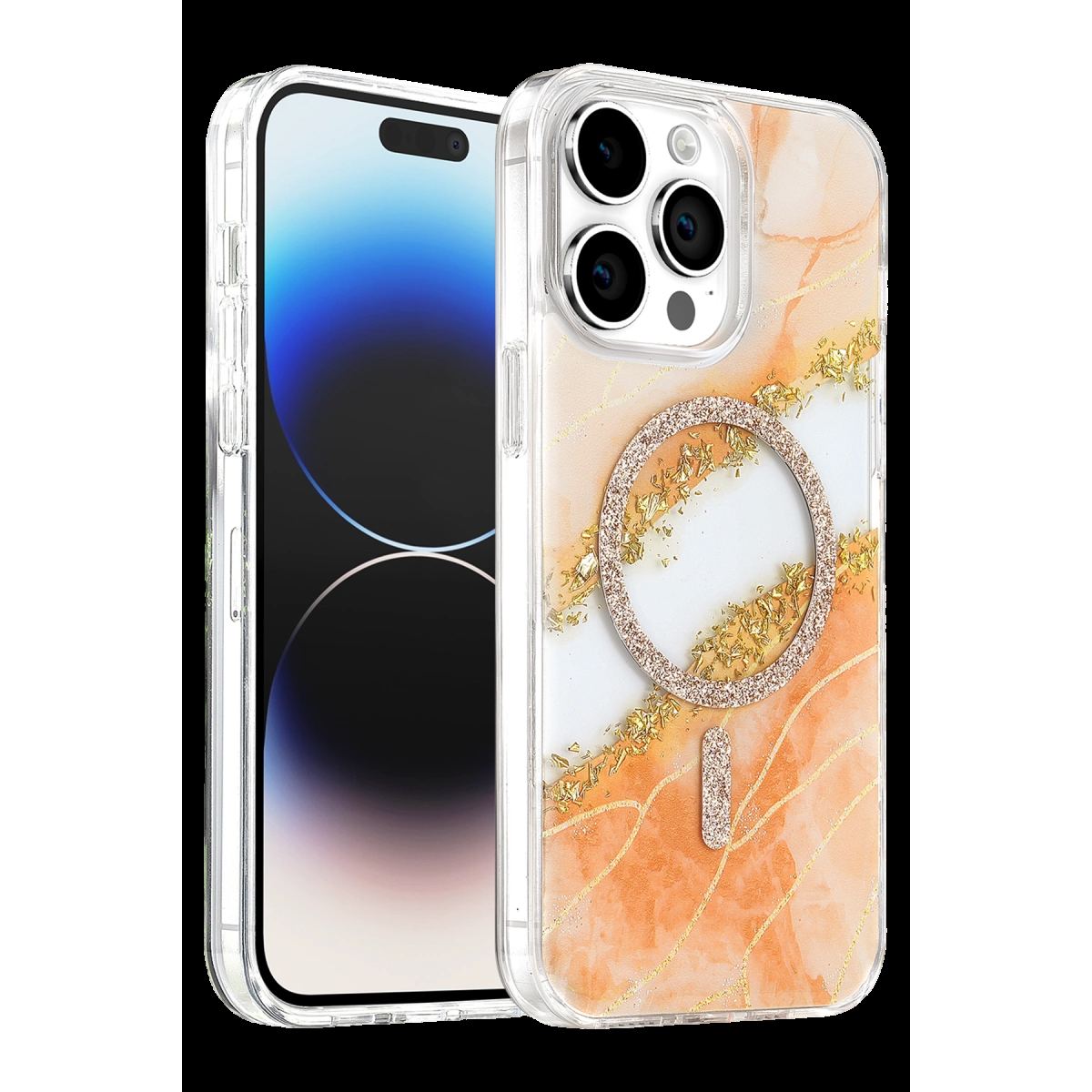 Onegif Apple İphone 14 Pro Max Lotus Simli Magsafe Kapak - Turuncu