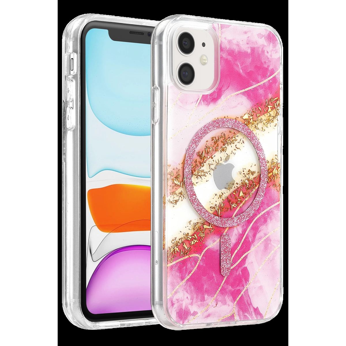 Onegif Apple İphone 11 Lotus Simli Magsafe Kapak - Pembe