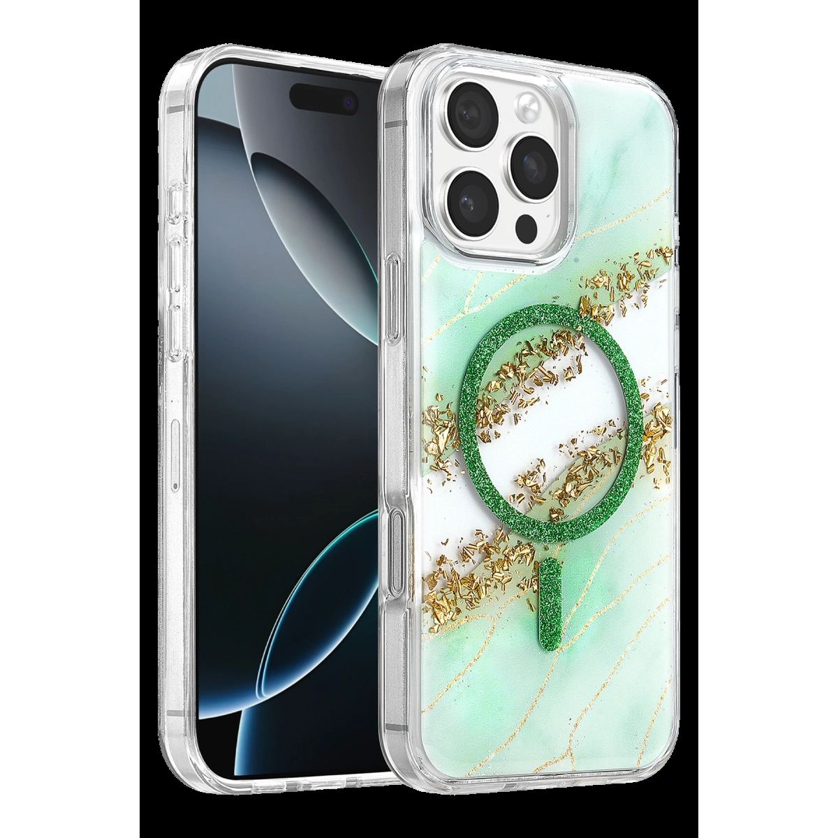 Onegif Apple İphone 16 Pro Max Lotus Simli Magsafe Kapak - Yeşil