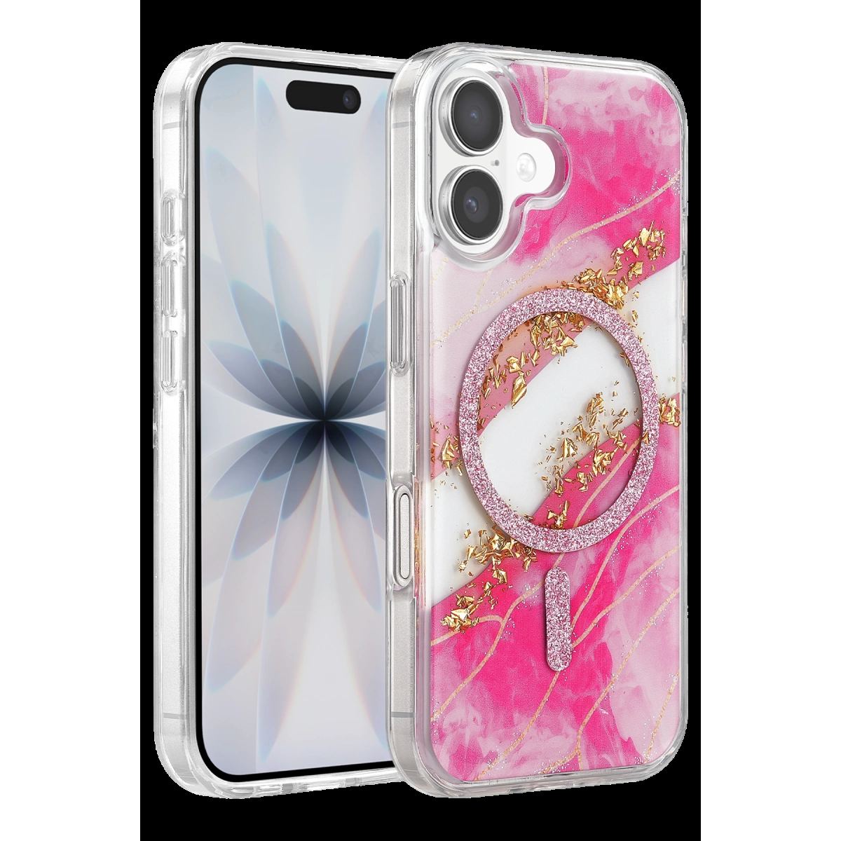 Onegif Apple İphone 17 Lotus Simli Magsafe Kapak - Pembe