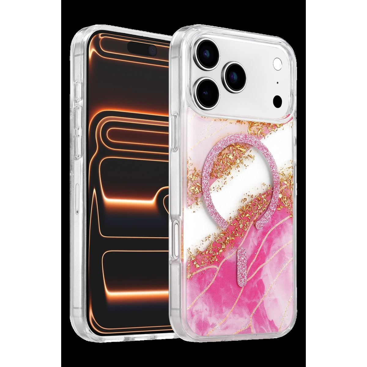Onegif Apple İphone 17 Pro Max Lotus Simli Magsafe Kapak - Pembe